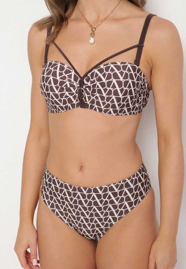 Born2be - Brązowe Bikini Biustonosz z Ozdobnymi Paskami i Majtki Figi Linadora. Kolor: brązowy. Wzór: haft