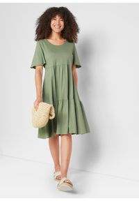 bonprix - Sukienka z dżerseju z czystej bawełny. Typ kołnierza: dekolt w serek. Kolor: zielony. Materiał: jersey, bawełna. Wzór: gładki. Długość: midi #1