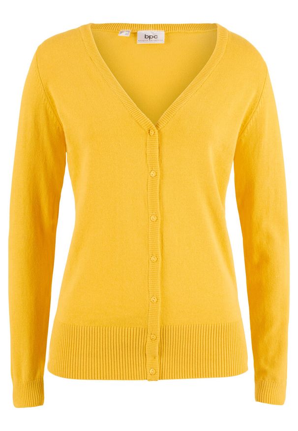 Sweter rozpinany z gładkiej dzianiny z plisą guzikową bonprix żółty kanarkowy. Kolor: żółty. Materiał: dzianina. Wzór: gładki
