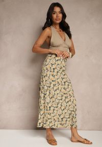 Renee - Zielono-Beżowa Rozkloszowana Spódnica z Wiskozy High Waist Fevanice. Okazja: na co dzień. Stan: podwyższony. Kolor: zielony. Materiał: wiskoza. Styl: casual, elegancki #3