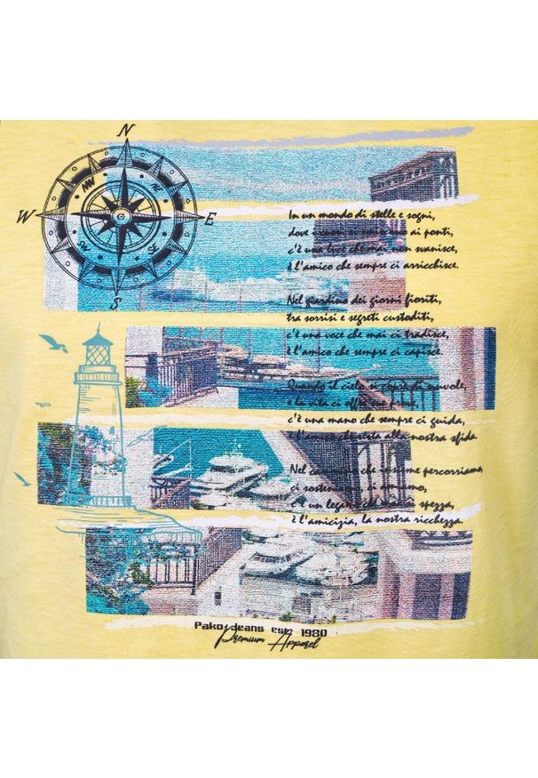 T-Shirt (Koszulka) Męska - Pako Jeans - Żółta z Dużym Nadrukiem. Okazja: na co dzień. Kolor: złoty, wielokolorowy, żółty. Materiał: bawełna. Wzór: nadruk. Styl: casual