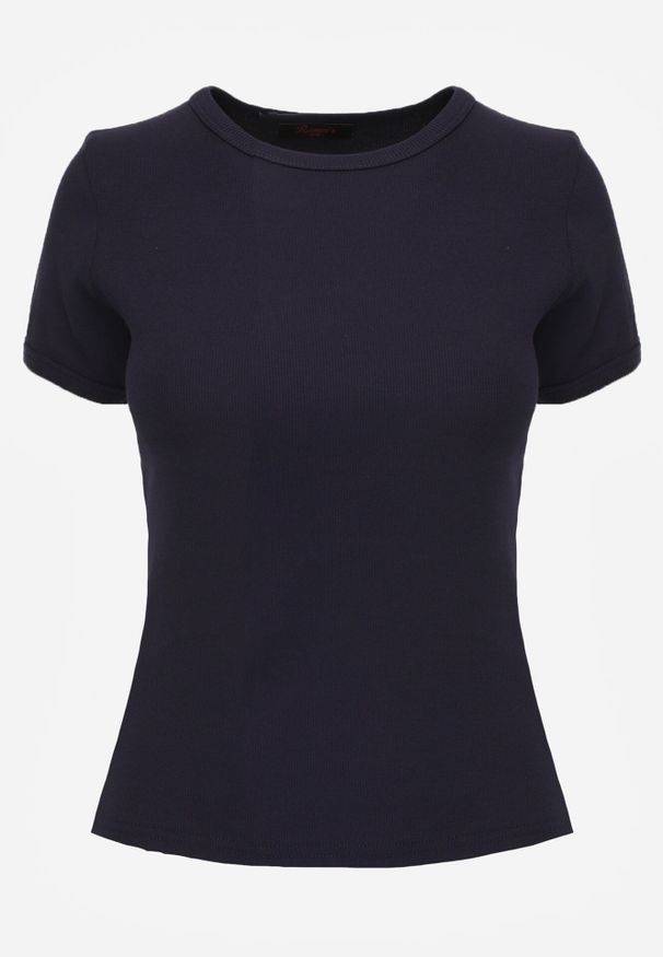 Born2be - Granatowy Dopasowany T-shirt z Prążkowanej Tkaniny z Bawełny Acalenos. Okazja: na co dzień. Kolor: niebieski. Materiał: prążkowany, bawełna, tkanina. Sezon: lato. Styl: casual, klasyczny, elegancki