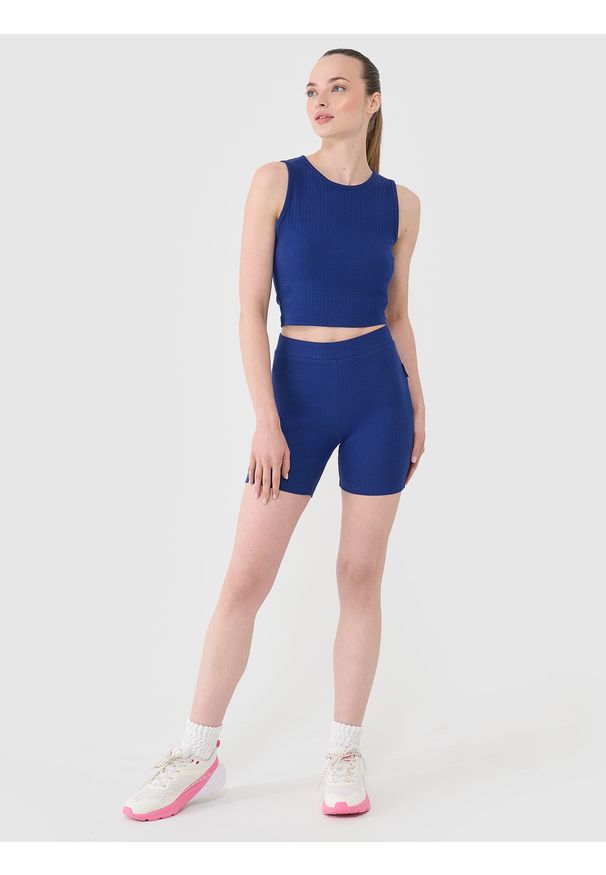 4f - 4F Legginsy krótkie dzianinowe damskie - granatowe XL. Stan: podwyższony. Kolor: niebieski. Materiał: dzianina. Długość: krótkie. Wzór: jednolity