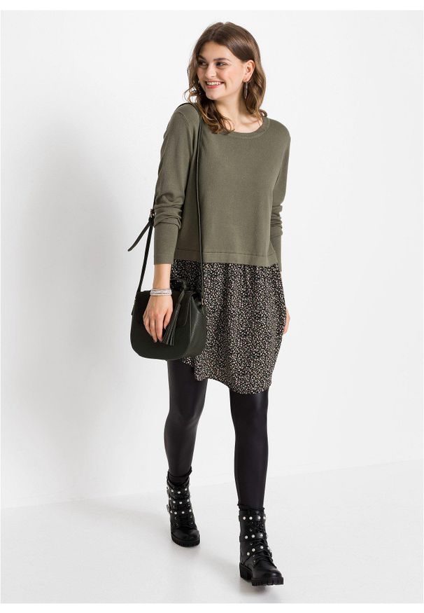 bonprix - Sweter z wstawką w optyce spódnicy. Kolor: zielony. Materiał: materiał. Długość rękawa: długi rękaw