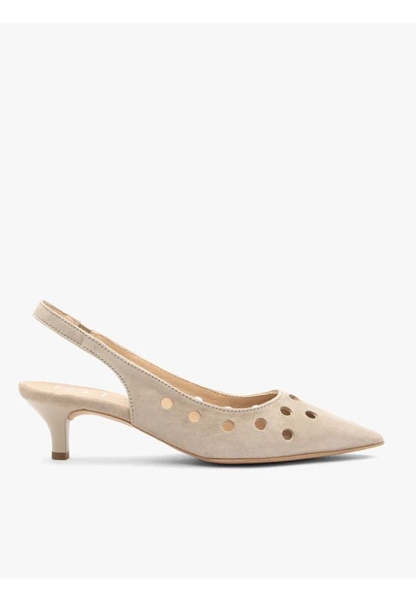 Ryłko - Beżowe wycinane czółenka slingback bez pięty. Okazja: na co dzień. Zapięcie: bez zapięcia. Kolor: beżowy. Wzór: ażurowy. Materiał: welur, skóra. Sezon: lato. Obcas: na obcasie. Styl: street, casual. Wysokość obcasa: średni