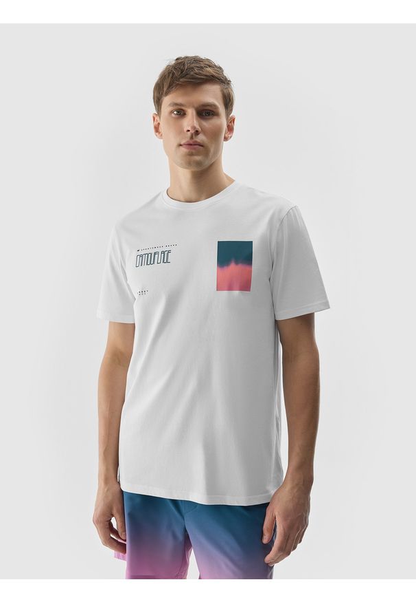 4f - 4F T-shirt z nadrukiem męski - biały S. Okazja: na co dzień. Kolor: biały. Materiał: dzianina, bawełna, jersey. Wzór: nadruk. Styl: klasyczny, sportowy, casual