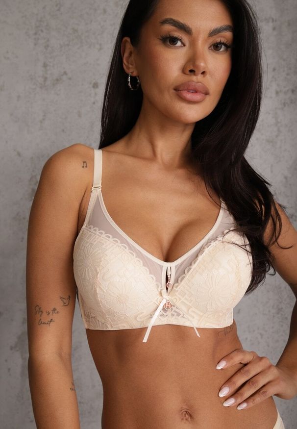Renee - Beżowy Biustonosz Full Cup Zdobiony Koronką Raviera. Kolor: beżowy. Materiał: koronka. Wzór: aplikacja, koronka