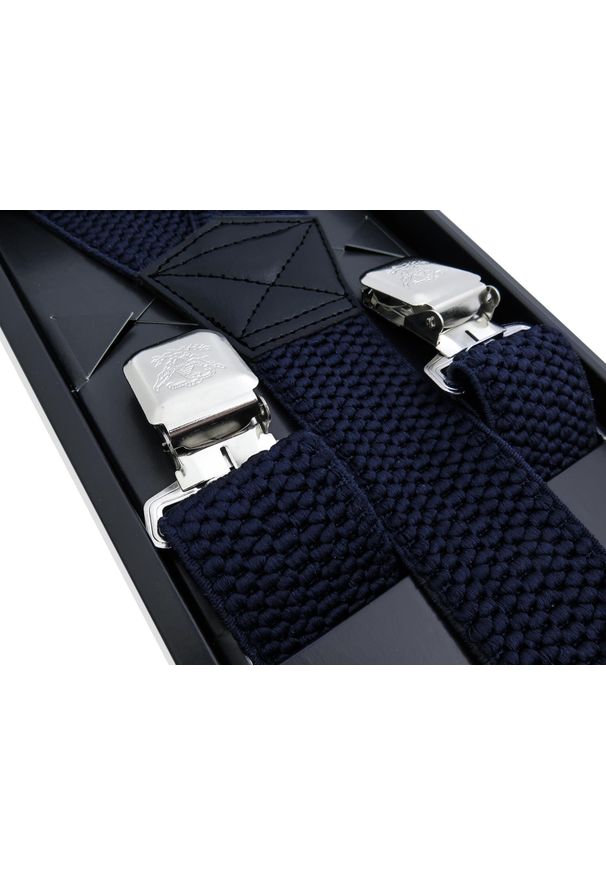 Modini - Szerokie granatowe szelki męskie do spodni XL132. Kolor: niebieski. Materiał: skóra, guma