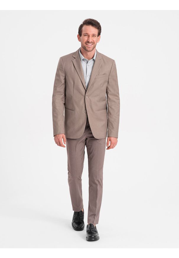 Ombre Clothing - Męska klasyczna marynarka z kieszenią na poszetkę - beżowa V3 - Rozmiar: M. Kolor: beżowy. Materiał: poliester. Styl: klasyczny