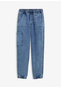 bonprix - Dżinsy bojówki o kroju loose fit z materiału z domieszką stretchu, z elastyczną gumką w pasie. Kolor: niebieski