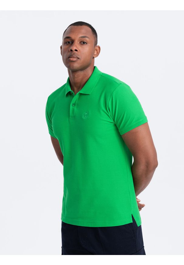 Ombre Clothing - Męska koszulka polo jednokolorowa BASIC z dzianiny pique - neonowa zieleń V25 OM-POBS-0100 - XXL. Okazja: na co dzień. Typ kołnierza: polo. Kolor: zielony. Materiał: dzianina. Wzór: aplikacja, jednolity, haft. Styl: sportowy, wizytowy, casual