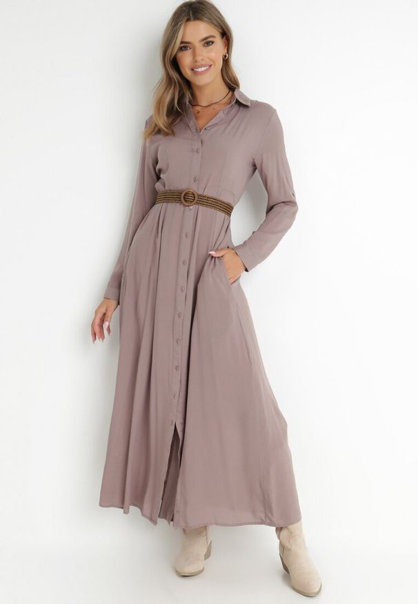 Born2be - Ciemnobeżowa Sukienka Controllable. Okazja: na co dzień. Kolor: beżowy. Długość rękawa: długi rękaw. Typ sukienki: rozkloszowane, szmizjerki. Styl: klasyczny, casual. Długość: maxi