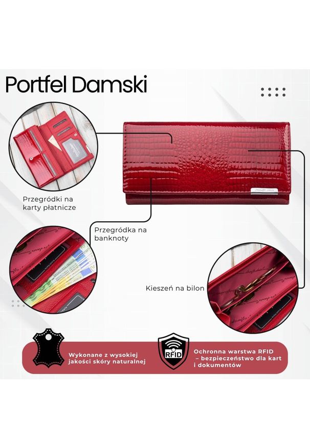 JENNIFER JONES - Portfel damski skórzany lakierowany czerwony z tłoczeniem croco SP-16-CRD. Kolor: czerwony. Materiał: skóra
