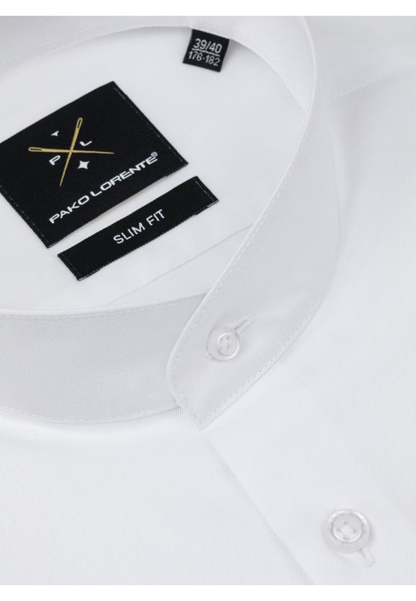 Pako Lorente - PAKO LORENTE – Biała koszula męska ze stójką. Typ kołnierza: kołnierzyk stójkowy. Kolor: biały. Materiał: bawełna. Długość rękawa: długi rękaw. Długość: długie. Wzór: gładki