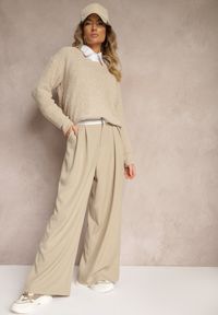Renee - Beżowe Spodnie z Wiskozy Palazzo High Waist Zapinane na Suwak Nellieva. Okazja: na co dzień. Stan: podwyższony. Kolor: beżowy. Materiał: wiskoza. Styl: casual