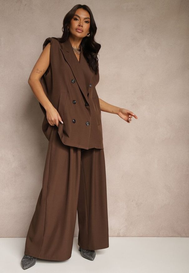 Renee - Brązowe Eleganckie Spodnie Palazzo z Szerokimi Nogawkami Adivisa. Stan: podwyższony. Kolor: brązowy. Styl: elegancki