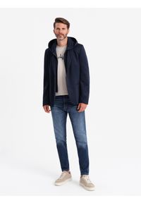 Ombre Clothing - Marynarka męska z odpinaną podpinką i kapturem – granatowa V2 - Rozmiar: XL. Okazja: do pracy, na co dzień. Typ kołnierza: kaptur. Kolor: niebieski. Materiał: poliester. Styl: wizytowy, casual, elegancki #6