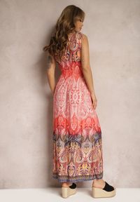Renee - Pomarańczowa Sukienka z Mozaikowym Wzorem Boho Gumką w Pasie i Sznurkami na Ramionach Ainervea. Kolor: pomarańczowy. Materiał: tkanina. Sezon: lato. Styl: boho