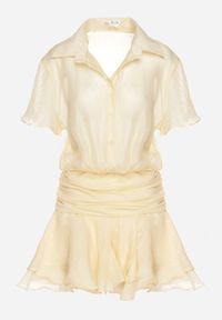 Born2be - Żółta Koszulowa Sukienka z Krótkim Rękawem i Falbankami Miradira. Okazja: na co dzień. Typ kołnierza: kołnierz z falbankami. Kolor: żółty. Długość rękawa: krótki rękaw. Wzór: aplikacja. Typ sukienki: koszulowe. Styl: klasyczny, casual, elegancki #3