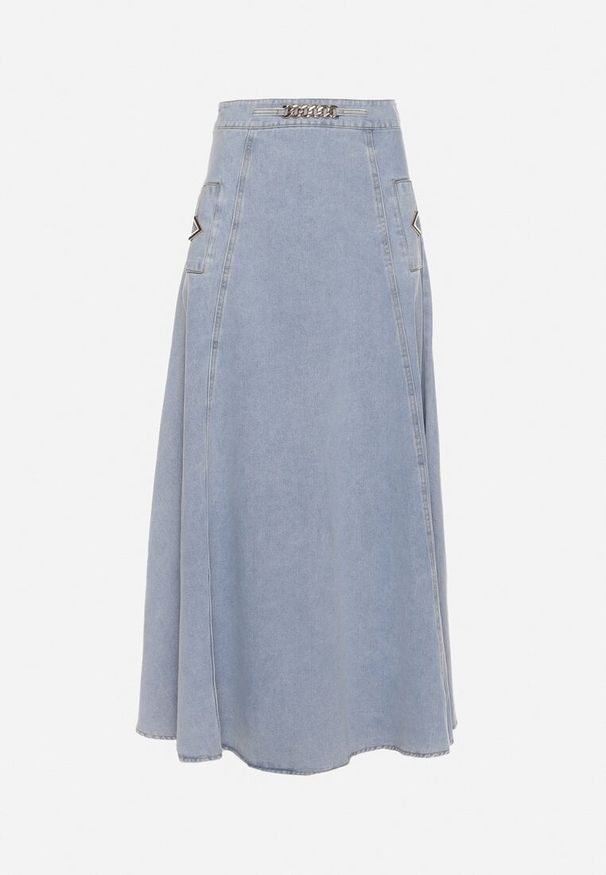 Born2be - Jasnoniebieska Bawełniana Spódnica Jeansowa Maxi Rozkloszowana z Łańcuszkiem Zallire. Kolor: niebieski. Materiał: jeans, bawełna. Styl: boho