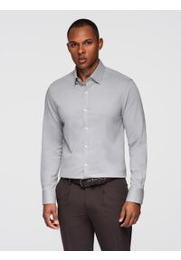 Ombre Clothing - Męska koszula SLIM FIT z ozdobnej tkaniny – szara V2 - Rozmiar: XL. Okazja: do pracy, na co dzień. Kolor: szary. Materiał: tkanina. Wzór: aplikacja, haft, ze splotem. Styl: casual, klasyczny