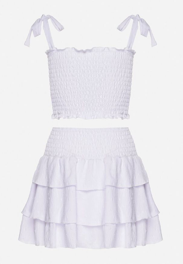Born2be - Biały Komplet Elastyczny Top z Wiązanymi Ramiączkami i Rozkloszowana Spódnica Evialia. Kolor: biały