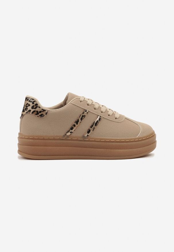 Born2be - Ciemnobeżowe Sneakersy na Grubej Podeszwie z Ozdobnym Wzorem Felimala. Okazja: na co dzień. Kolor: beżowy. Materiał: jeans