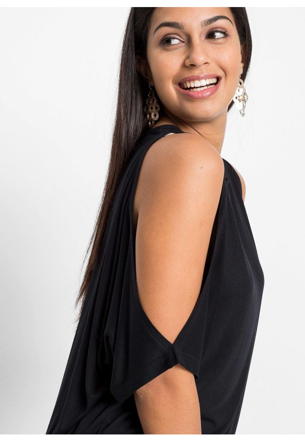 bonprix - Bluzka z wiskozy odkrytymi ramionami. Kolor: czarny. Materiał: wiskoza. Długość rękawa: krótki rękaw. Długość: krótkie