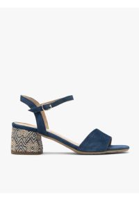 Ryłko - Granatowe sandały na dekoracyjnie obleczonym obcasie. Kolor: niebieski. Materiał: skóra, welur. Obcas: na obcasie. Styl: street. Wysokość obcasa: średni #1