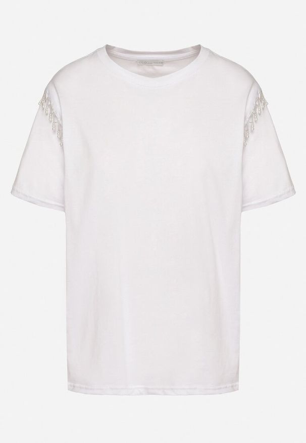 Born2be - Biały Bawełniany T-shirt Ozdobiony Koralikami Tlerra. Okazja: na co dzień. Kolor: biały. Materiał: bawełna. Wzór: aplikacja. Sezon: lato, wiosna. Styl: klasyczny, sportowy, casual