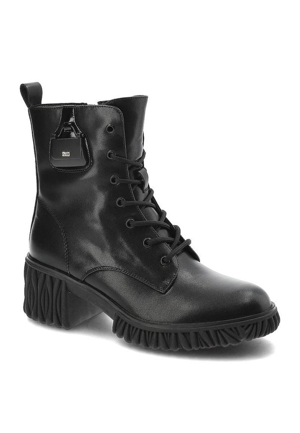 Czarne Botki Artiker Modne Skórzane Buty Na Obcasie. Kolor: czarny. Materiał: skóra. Szerokość cholewki: normalna. Wzór: aplikacja. Obcas: na obcasie. Styl: rockowy, elegancki. Wysokość obcasa: średni