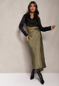 Renee - Zielona Spódnica o Kopertowym Kroju High Waist Onadea. Stan: podwyższony. Kolor: zielony. Materiał: satyna