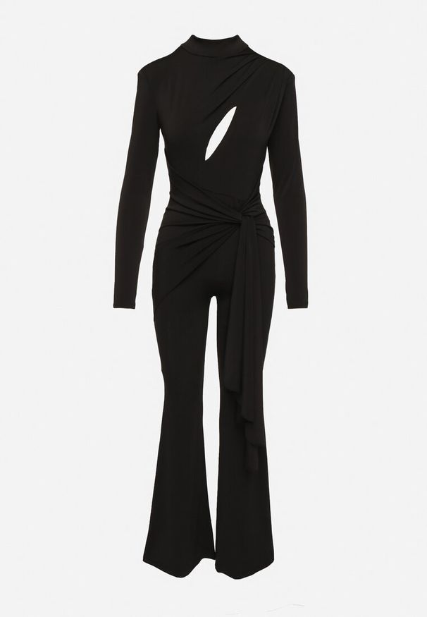 Born2be - Czarny Kombinezon z Marszczonym Trenem i Ozdobnym Wycięciem Selannae. Okazja: na spotkanie biznesowe, na co dzień. Kolor: czarny. Materiał: jeans. Styl: biznesowy, klasyczny, elegancki, casual