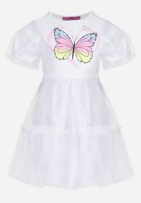 Born2be - Biała Sukienka z Brokatowym Motylkiem i Tiulowym Dołem Princessia. Kolor: biały. Materiał: tiul. Długość rękawa: krótki rękaw. Wzór: nadruk