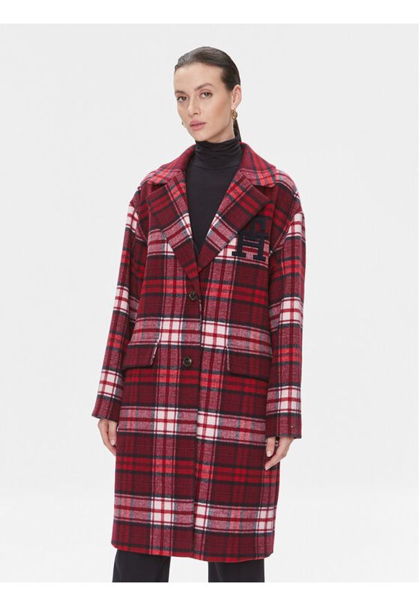 TOMMY HILFIGER - Tommy Hilfiger Płaszcz wełniany Imd Tartan WW0WW39761 Czerwony Relaxed Fit. Kolor: czerwony. Materiał: syntetyk