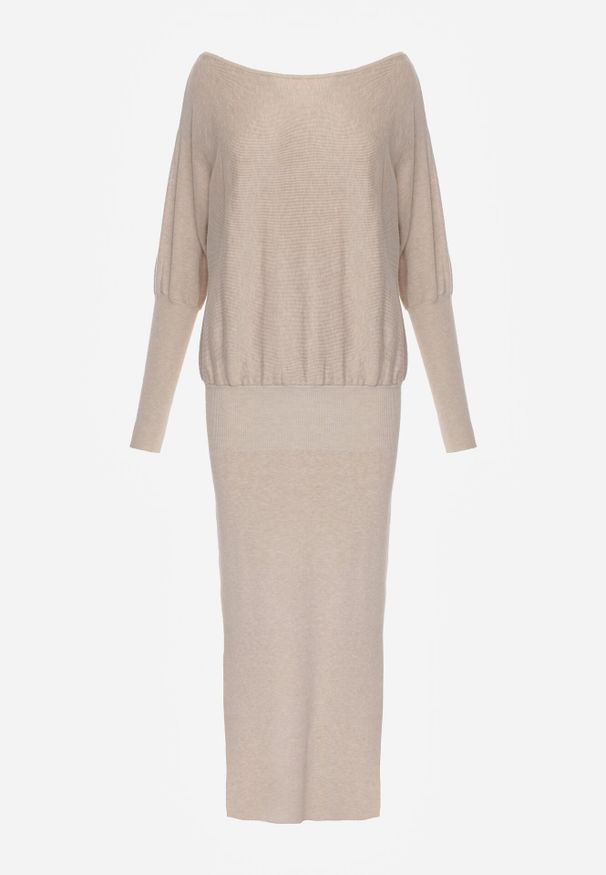 Born2be - Beżowa Dzianinowa Sukienka z Wiskozą o Nietoperzowym Kroju z Dekoltem w Łódkę Tisan. Okazja: na co dzień, na spotkanie biznesowe. Typ kołnierza: dekolt w łódkę. Kolor: beżowy. Materiał: dzianina, wiskoza. Styl: casual, biznesowy