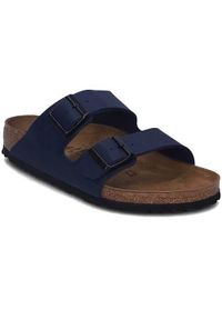 Klapki męskie Birkenstock Arizona. Okazja: na co dzień. Kolor: niebieski, wielokolorowy. Materiał: skóra, materiał, syntetyk. Styl: casual, sportowy