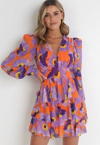 Born2be - Fioletowa Sukienka Mini z Cienkimi Gumkami w Pasie i Szerokimi Rękawami Jakaria. Okazja: na co dzień. Kolor: fioletowy. Typ sukienki: proste. Styl: casual. Długość: mini #1