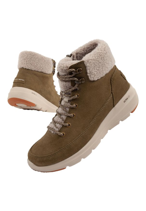skechers - Buty zimowe sportowe damskie Skechers Glacial Ultra-Woodlands. Kolor: zielony. Materiał: zamsz, skóra, futro. Szerokość cholewki: normalna. Sezon: zima