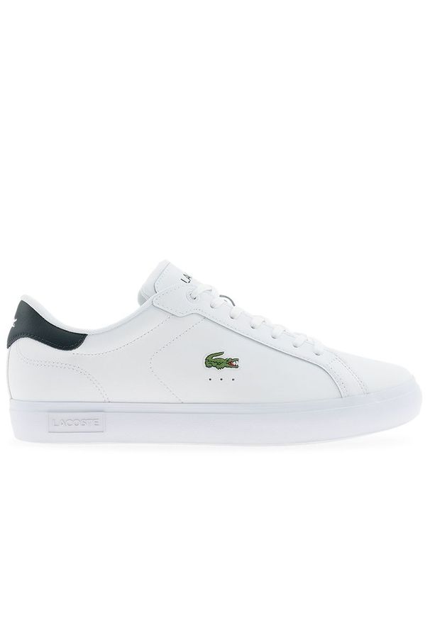 Buty męskie Lacoste Powercourt 125 2 SMA749SMA0081-1R5 - białe. Okazja: na co dzień. Zapięcie: sznurówki. Kolor: biały. Materiał: skóra, guma. Wzór: gładki, aplikacja