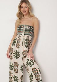 Born2be - Zielono-Kremowy Kombinezon Bez Rękawów z Szeroką Nogawką w Ornamentalny Wzór Mirionia. Okazja: na co dzień, na imprezę. Kolor: zielony. Długość rękawa: bez rękawów. Styl: casual, elegancki #5