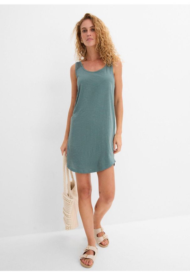 bonprix - Sukienka T-shirtowa z bawełny z koronką. Kolor: zielony. Materiał: bawełna, koronka. Wzór: koronka