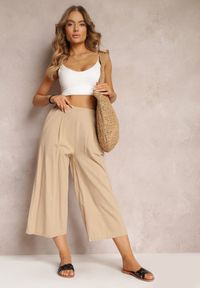 Renee - Beżowe Szerokie Spodnie z Gumką w Pasie z Bawełny Zonaeve. Okazja: na co dzień. Stan: podwyższony. Kolor: beżowy. Materiał: bawełna. Styl: casual #3