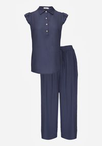 Born2be - Granatowy Komplet z Wiskozą Szerokie Spodnie i Bluzka z Kołnierzykiem Nautiviane. Kolekcja: plus size. Kolor: niebieski. Materiał: wiskoza. Wzór: gładki #7