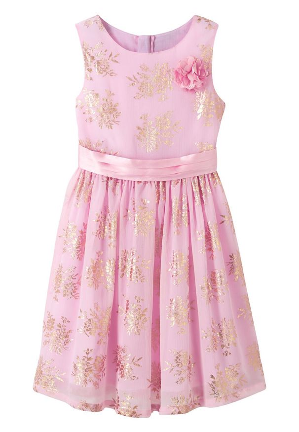 Sukienka dziewczęca na uroczyste okazje bonprix jasnoróżowo-złoty. Kolor: różowy. Materiał: materiał, bawełna, poliester. Wzór: nadruk, aplikacja, kwiaty