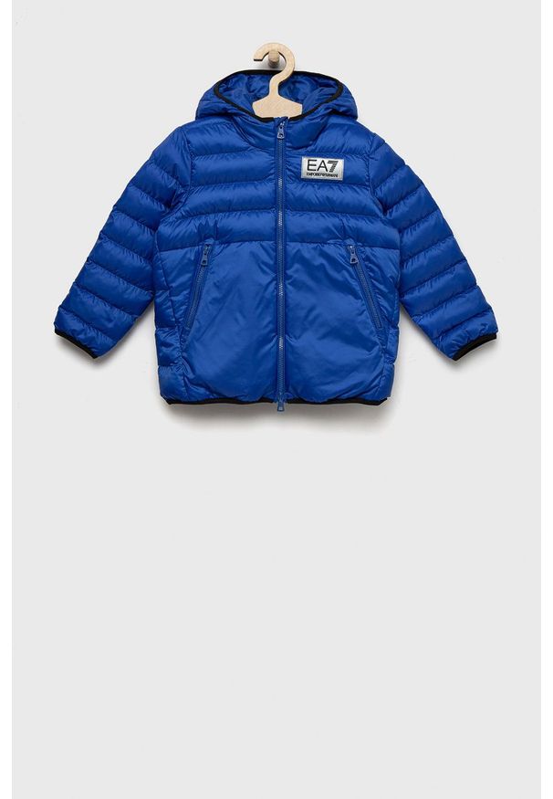 EA7 Emporio Armani kurtka dziecięca. Okazja: na co dzień. Typ kołnierza: kaptur. Kolor: niebieski. Materiał: włókno, materiał. Styl: casual