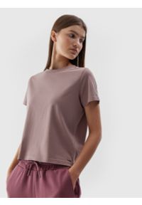4f - T-shirt regular z bawełny organicznej damski. Kolor: beżowy. Materiał: bawełna #1