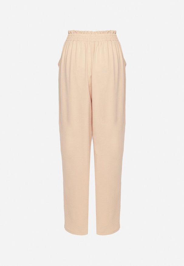 Born2be - Beżowe Spodnie z Elastyczną Gumką w Talii i Wysokim Stanem Ozdobione Wiązaniem w Pasie Dimity. Okazja: na co dzień. Stan: podwyższony. Kolor: beżowy. Wzór: aplikacja. Styl: elegancki, casual