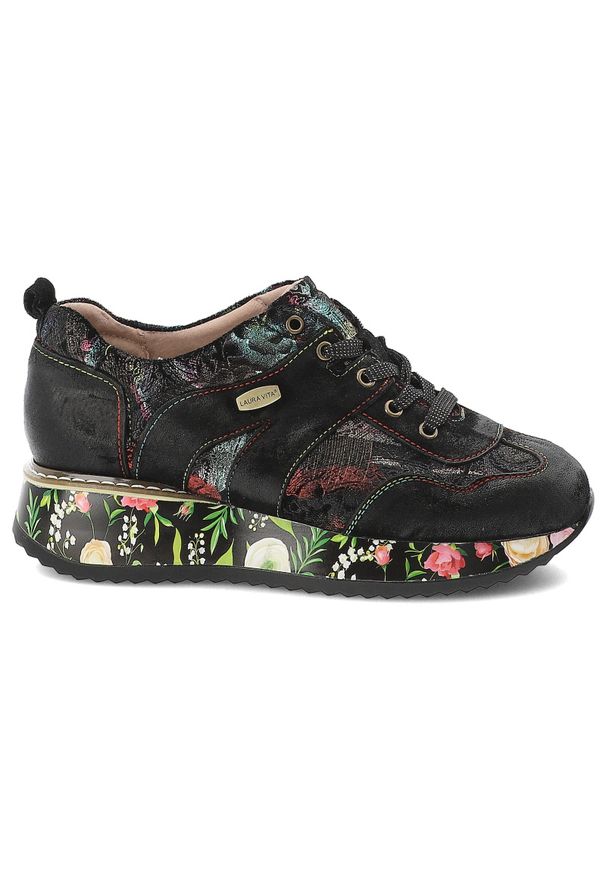 Czarne Sneakersy Laura Vita Buty Damskie Na Platformie. Zapięcie: sznurówki. Kolor: czarny. Szerokość cholewki: normalna. Wzór: haft, kwiaty. Obcas: na platformie
