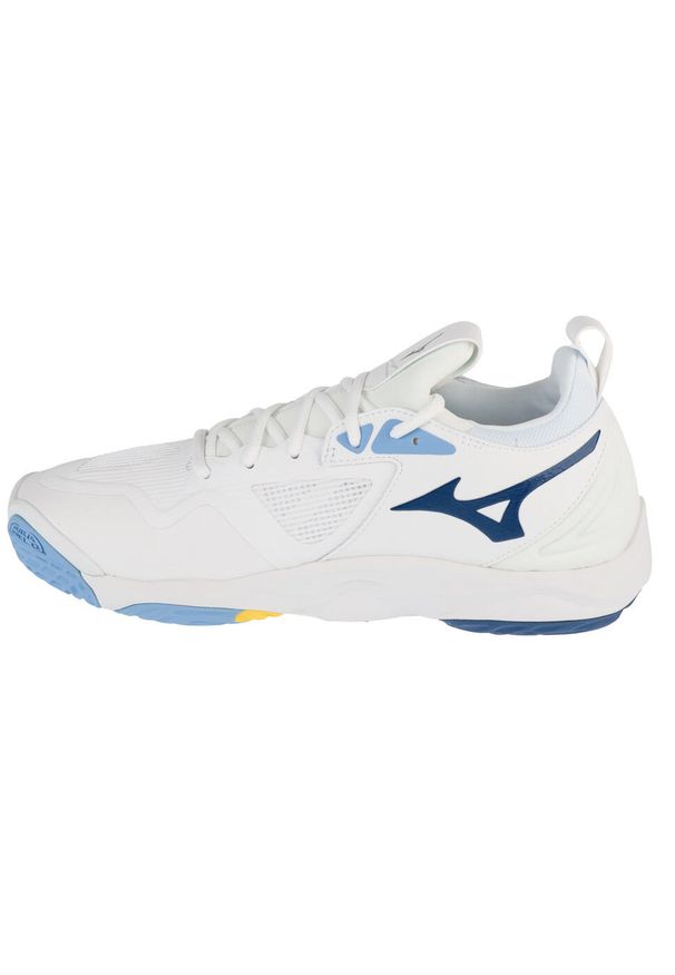 Mizuno - Buty do siatkówki unisex, Wave Momentum 3. Kolor: biały, niebieski, wielokolorowy. Model: Mizuno Wave. Sport: siatkówka
